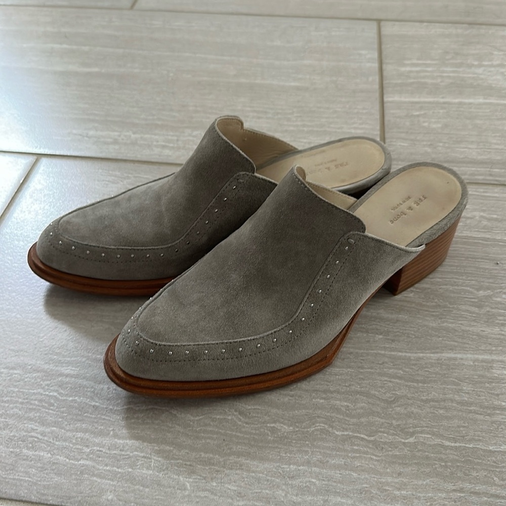 Rag & Bone Gray Suede Weiss Slip On Mules Womens 38.5 Leather Silver Stud Boho
